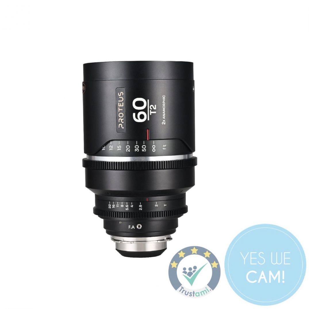 LAOWA Proteus Flex 2X Anamorphic 60mm T2 - Meters Arri PL Default + EF Schwarzes Ojektiv Frontansicht
