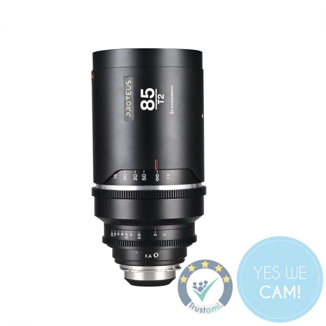 LAOWA Proteus Flex 2X Anamorphic 85mm T2 - Meters Arri PL Default + EF Schwarzes Cine-Objektiv Frontansicht