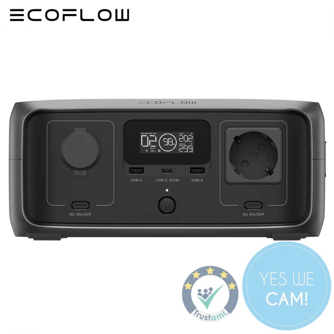 EcoFlow RIVER 3 beim Camping, angeschlossen an Solarpanel