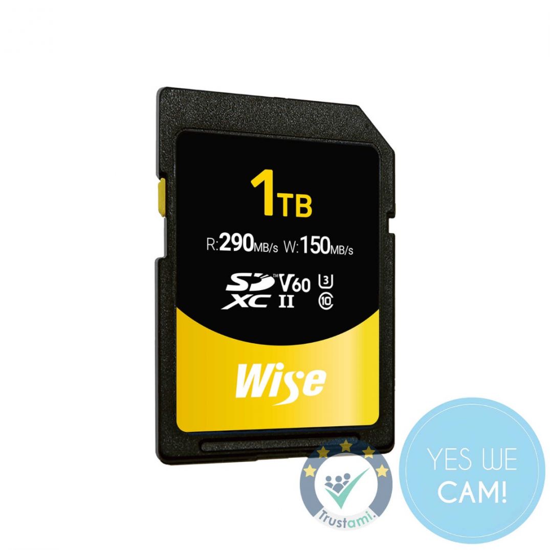 Wise 1 TB SDXC UHS-II V60 Memory Card auf weißem Hintergrund