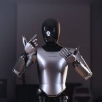 Magicbot Gen1 humanoider Roboter im Hightech-Labor mit präziser Gestik und Handbewegung