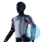 Magicbot humanoider Roboter mit ‚Yes we CAM!‘-Wasserzeichen, graues Hightech-Design im Studio