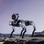 Magicdog Pro Roboterhund mit LED-Gesicht im Outdoor-Einsatz auf Felsen, frontale Ansicht bei Tageslicht