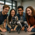 Magic Dog Pro robotic dog interacting with a diverse group of smiling students indoors