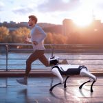 MagicDog Roboterhund als intelligenter Jogging-Begleiter für Outdoor-Fitness im Sonnenlicht