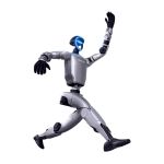 Unitree G1 humanoider Roboter in dynamischer Sprungpose, mit weit ausgestreckten Armen, angewinkelten Beinen, silbernem Gehäuse und blau beleuchtetem Gesichtspanel.
