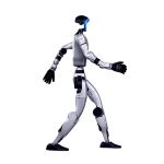 Unitree G1 humanoider Roboter in seitlicher Ansicht, im Schritt nach vorn, mit silberner zweibeiniger Konstruktion, artikulierten Gelenken und blau beleuchtetem Gesichtspanel.