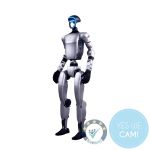 Humanoider Unitree G1 Roboter in aufrechter Position, silber-schwarzes Design, mit leuchtendem blauen Display-Gesicht und detaillierten Gelenken an Armen und Beinen.