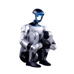 Unitree G1 humanoider Roboter in tiefer Hockposition, mit angewinkelten Armen, silberner Gehäusestruktur und blau beleuchtetem Gesichtspanel.