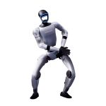 Unitree G1 humanoider Roboter in einer dynamischen, leicht geduckten Pose mit gekreuzten Armen, silbernem Körperdesign und blau beleuchtetem Gesichtspanel.