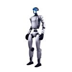 Unitree G1 humanoider Roboter in futuristischem Silberdesign, mit schlanker zweibeiniger Konstruktion, blau beleuchtetem Gesichtspanel und artikulierten Armen und Händen.