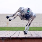 Der vierbeinige Unitree Go2 Roboter hebt dynamisch drei Beine an, während er auf einer Holzplattform balanciert; im Hintergrund eine Steinmauer und Grünfläche.