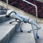 Der vierbeinige Unitree Go2 Roboter steigt eine Betonstufentreppe hinauf, mit angewinkelten Beinen und stabiler Körperhaltung; seitlich Metallschienen und bepflanzte Rabatten im Hintergrund.