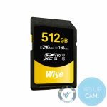 Wise 512 GB SDXC UHS‑II V60 Memory Card in der Vorderansicht mit Produktlabel und Geschwindigkeitsangaben